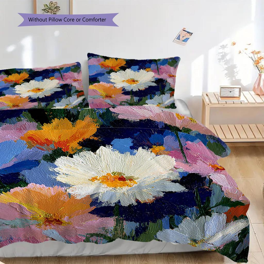 Flower Painting Pattern Bedding Quilt Set Quilt Cover Pillowcase Home Decoration Birthday Gift (1 * duvet cover + 2 * pillowcase, without core)