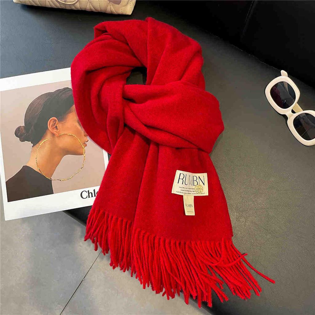 Земляной цвет, базовый однотонный большой шарф с кисточками, темперамент, утолщенная теплая шаль, мягкая клейкая шея