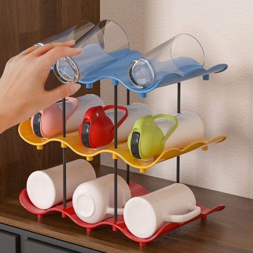 Anti-Fall Cup Storage Rack Large Capacity Water Cup Holder Wavy Multi-layer Finishing Rack Pantry