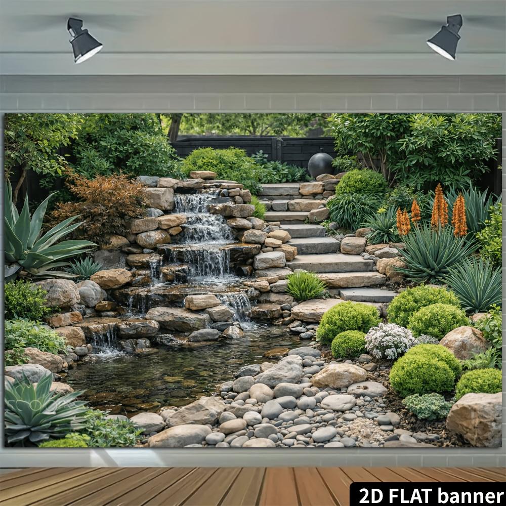 2D planar courtyard stone steps, cascading waterfalls and waterfall background fabric - landscape theme