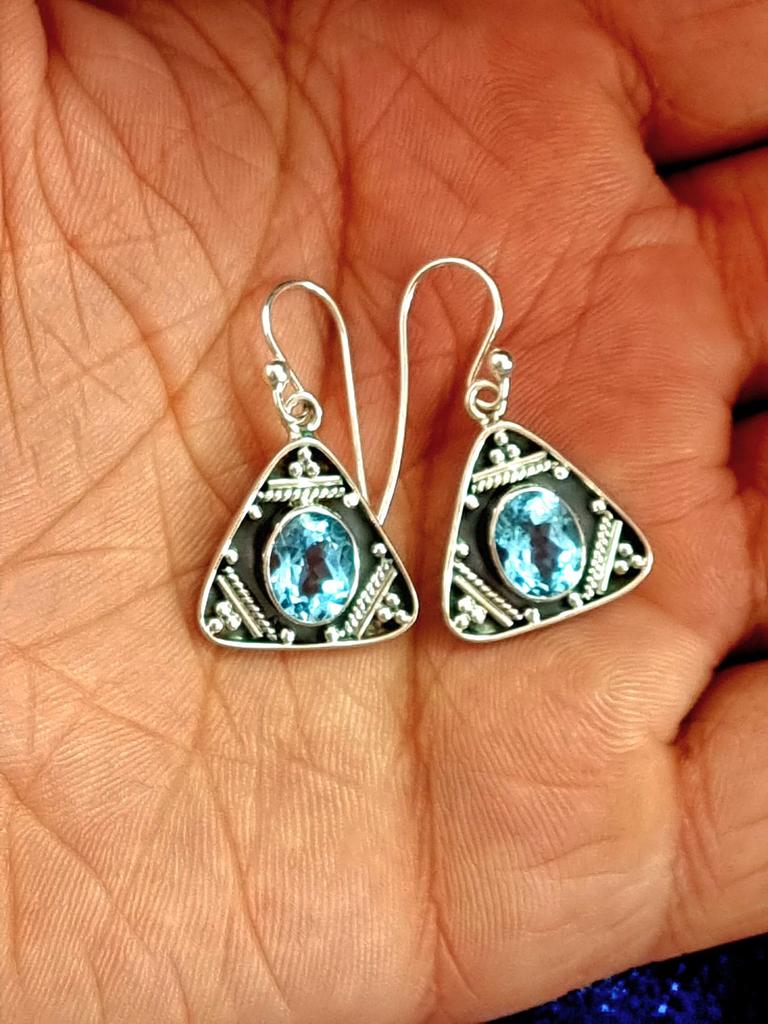 Blue Topaz Dangle Earrings: 925 Sterling Silver Oxidized Jewelry