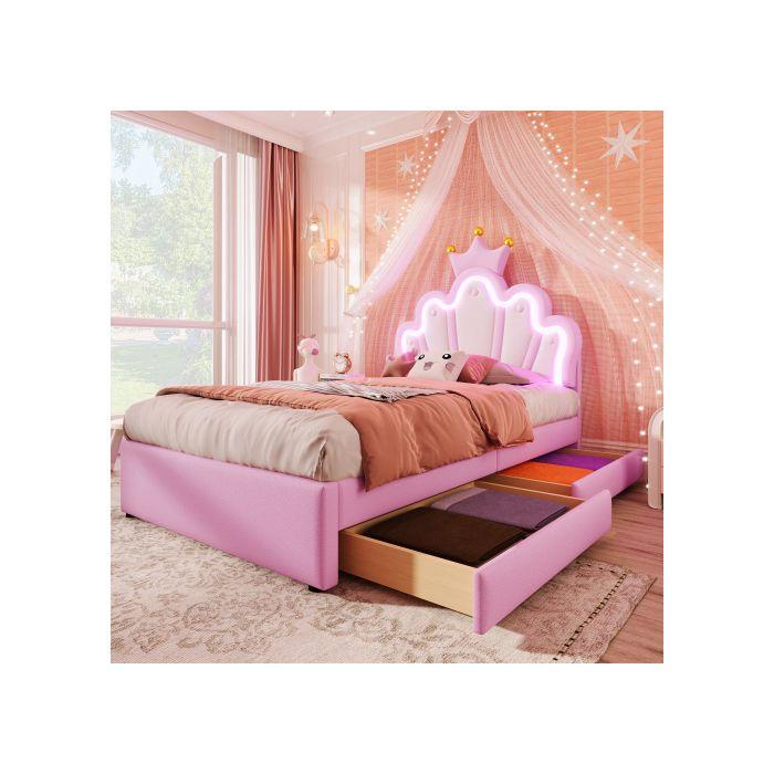 Lit à matelas - MUVOE - 90 x 200 cm - PU rose - Tiroirs pratiques - Tête de lit réglable