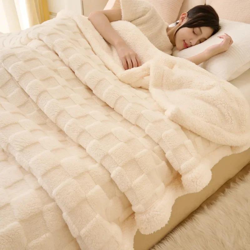 Fluffy Fleece Plaid Blanket Winter Thicken Blankets Duvet Cover Double Sided Sofa Bed Cover Soft Warm Throw Bedspread Bedroom