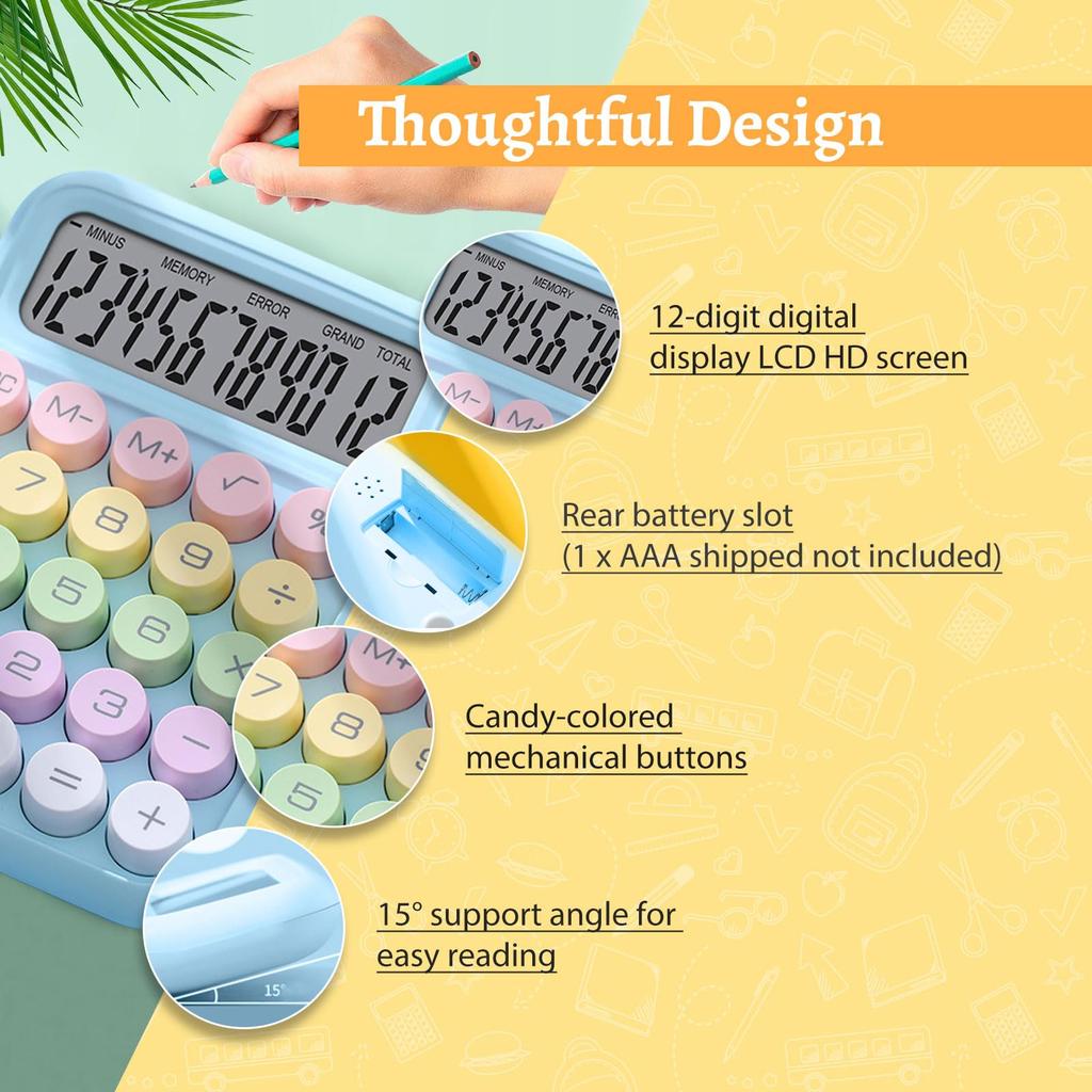 Милый калькулятор, калькулятор из 2 предметов, 4,36,3 дюйма, настольный калькулятор с большим дисплеем и цветными большими кнопками, стандартный калькулятор на 12 цифр,