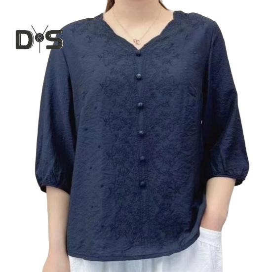 Women Shirt V-neck Half Sleeve Embroidery Floral Pattern Loose Fit Tops Solid Color Casual Blouse Daily Wear