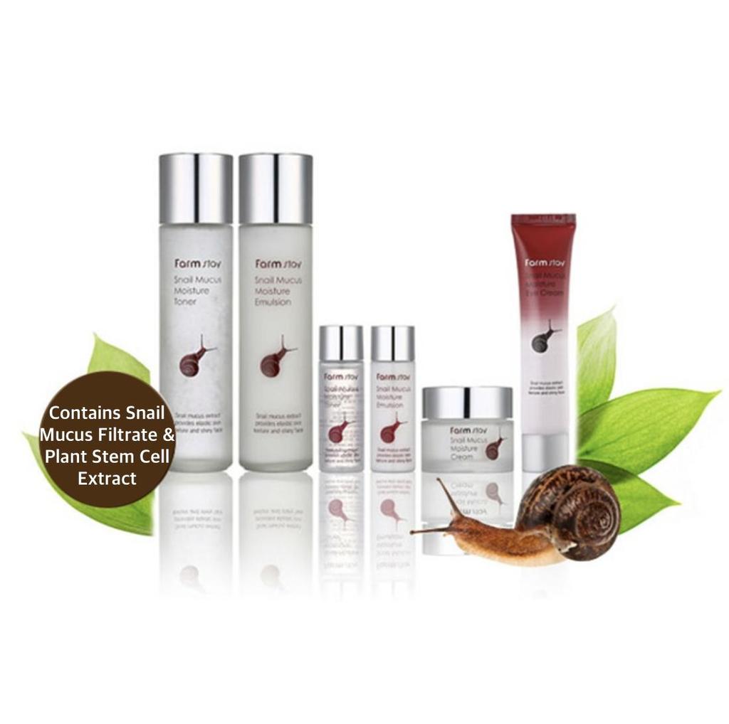Набор уходовых средств для лица с муцином улитки: Тоник 150мл, эмульсия 150мл, крем 50г, крем для глаз 45г,миниатюры