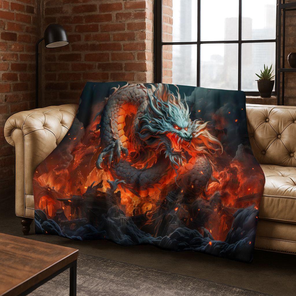 Magic Dragon Mythology Art Chinese Loong Cartoon Flannel Blanket,Cozy Soft Throw Blanket for Home Bedroom Bed Sofa Cover Kid