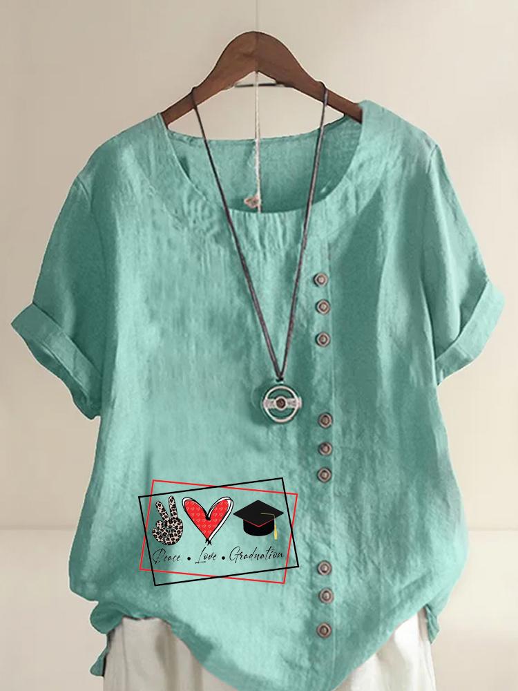 Women's Fashion Love Print Shot Sleeve T-shirt Loose Cotton Shirt Casual Loose Summer Blouse Tops Plus Size