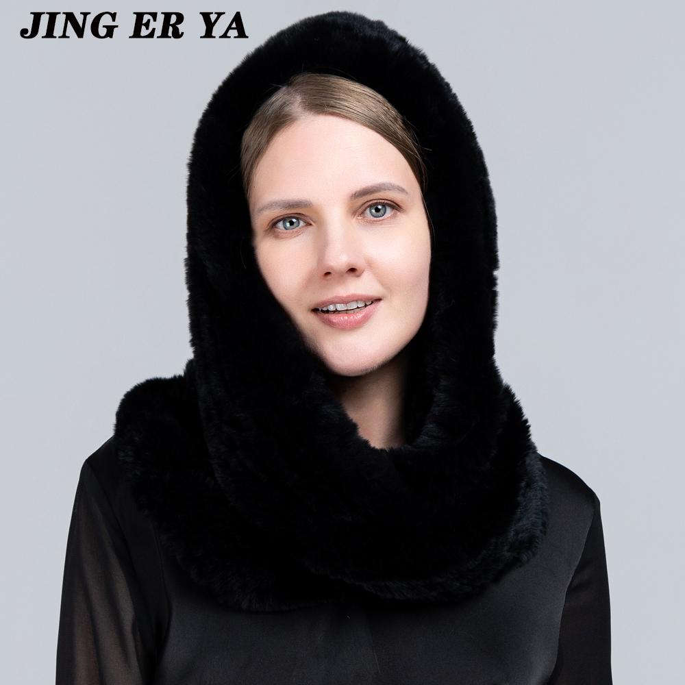 JINGERYA новая женская вязаная шапка с мехом кролика рекс, шарф с капюшоном, длинная зимняя теплая меховая шапка с шейным воротником, шарфы, шапка, шарф