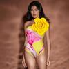 New Yellow Printed Biquinis Women 3D Flower One Shoulder Beachwear with Skirt Two Pieces Sets Swimwwear Bathing Suit Summer