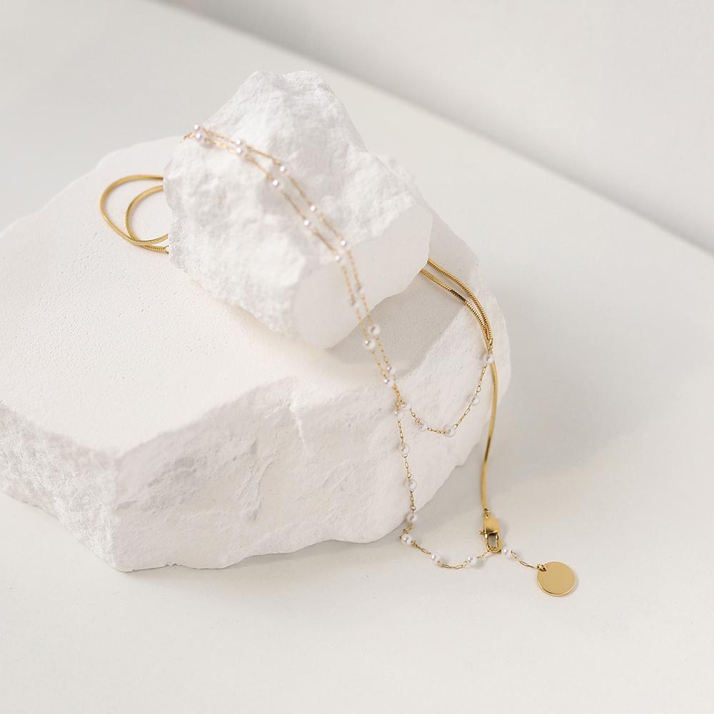 Imitation Pearl Splicing Necklace 18k Stainless Steel Square Bone Collar Sweater Chain Necklace