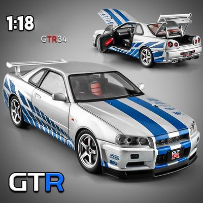 Большой размер Масштаб 1/18 Модель автомобиля из сплава Nissan GT-R R34 Skyline Литая игрушечная машинка для мальчиков JDM Гоночный автомобиль Игрушка Подарок Коллекционное хобби