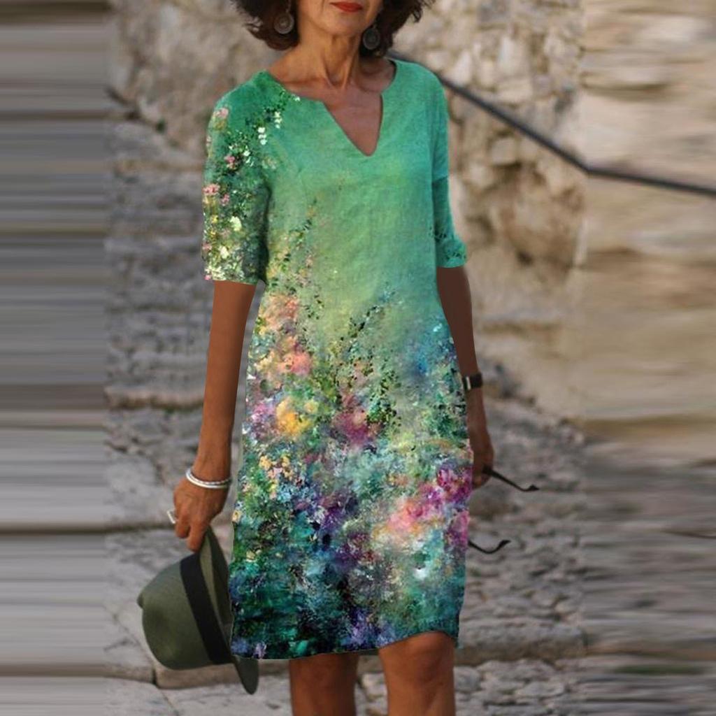 Женское летнее удобное повседневное платье с v-образным вырезом и коротким рукавом в стиле ретро