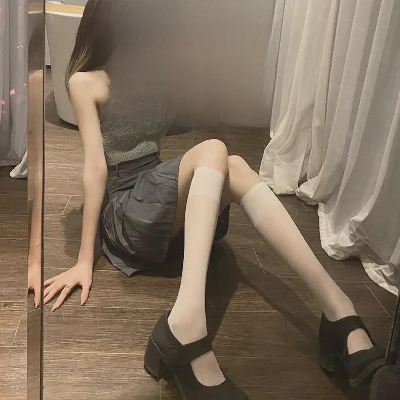 Женские дышащие летние ультратонкие носки JK Trendy выше колена, черные чулки