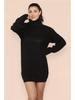 Women's Knitted Turn-Down Collar Sweater Dress - Loose Mid-Length Solid Color Pullover