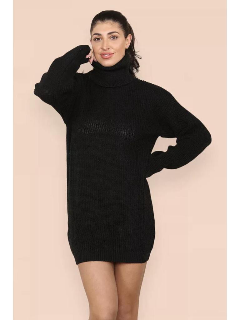 Women's Knitted Turn-Down Collar Sweater Dress - Loose Mid-Length Solid Color Pullover