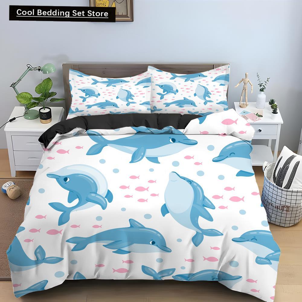 Bule Dolphin Whale King Queen Duvet Cover Underwater World Bedding Set Cartoon Sea Animal Comforter Cover Polyester Quilt Cover