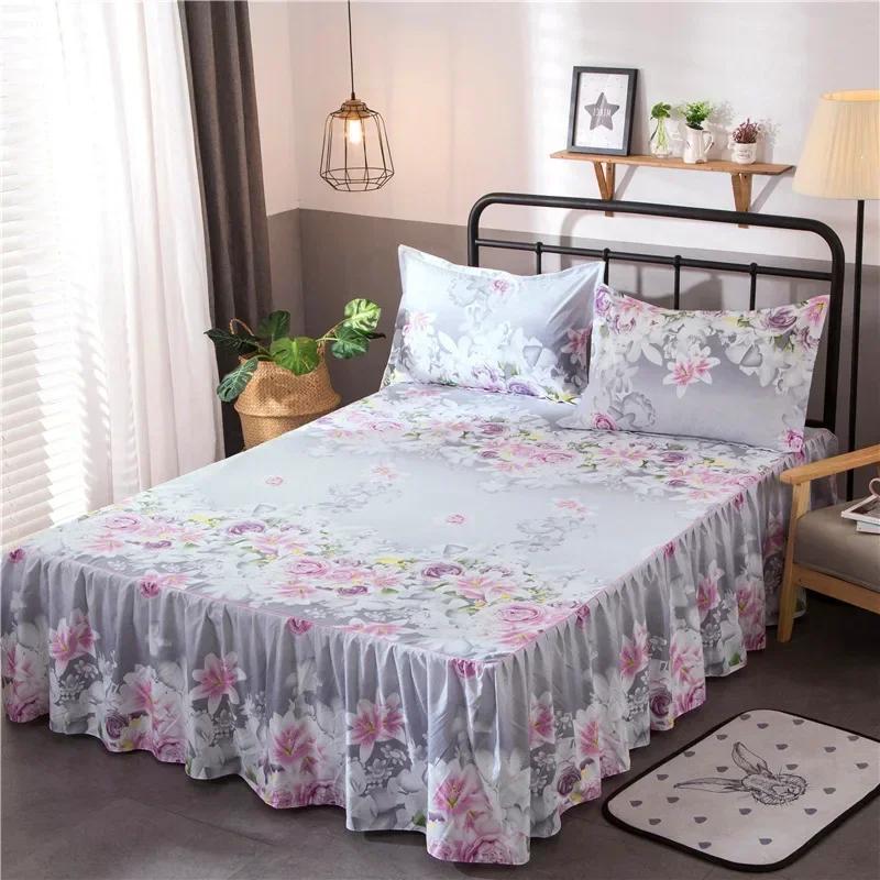 Solid Color Bed Skirt 1pcs Cover Bedroom Bed Cover Bed Skirt with 2pcs Pillowcase Non-slip Mattress Cover Bedsheet Bedspread