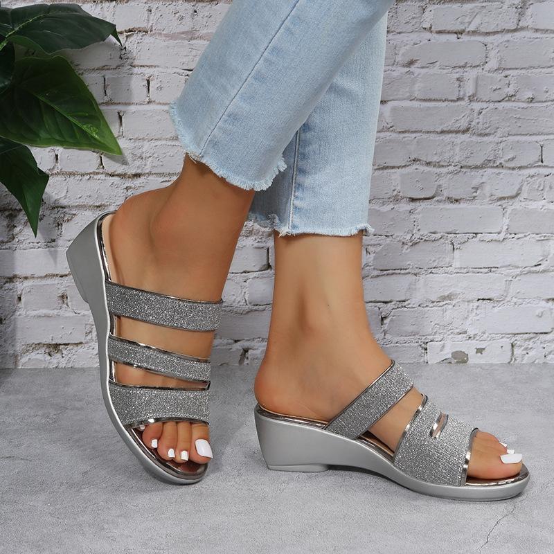 Women's Summer New Wedge Heel Sandals Women's Sequins Open Toe Roman Sandals Thick Sole Sandals
