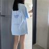 Футболки из чистого хлопка, женские, летние, с милым мультяшным принтом, в стиле хип-хоп, повседневные, в стиле Харадзюку, большие, с коротким рукавом, синие, для девочек 2010 года