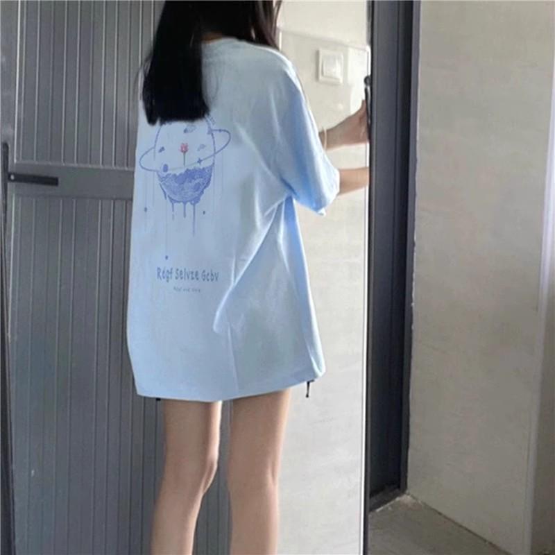 Футболки из чистого хлопка, женские, летние, с милым мультяшным принтом, в стиле хип-хоп, повседневные, в стиле Харадзюку, большие, с коротким рукавом, синие, для девочек 2010 года