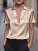 Женская элегантная атласная рубашка с V-образным вырезом – с коротким рукавом, имитация шелка, однотонная, идеально подходит для весны и лета.