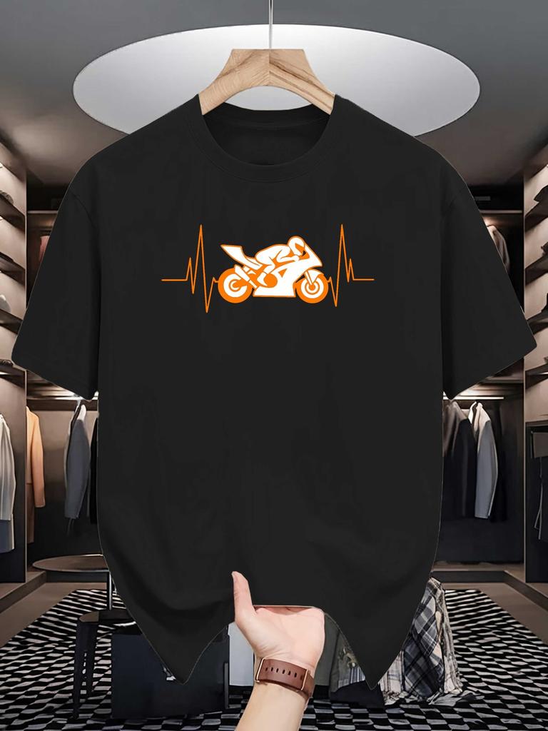 Unisex Beige Tee Cool Motorcycle Heartbeat Line Art Graphic Print Crew Neck Short Sleeve Summer Casual Male Cotton Streetwear Tops