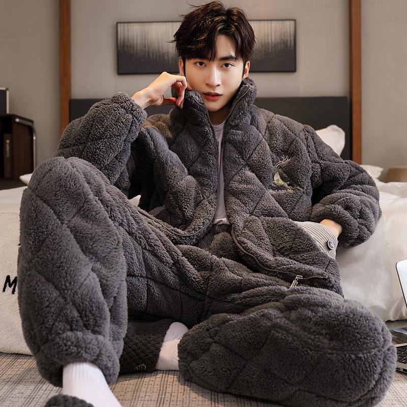 Men's Three-Layer Thickened Cotton Winter Pajamas - Warm, Simple, Luxury, and Suitable for Indoors and Outdoors.
