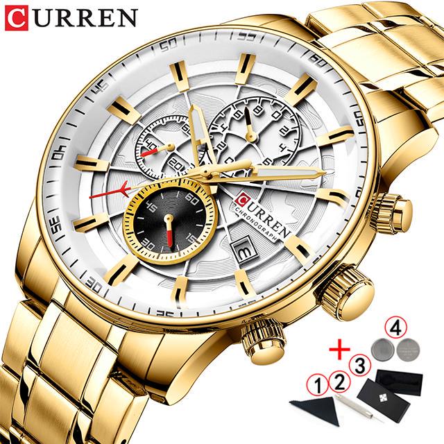 Золотые часы, мужские роскошные брендовые кварцевые наручные часы с хронографом Curren, мужские наручные часы из нержавеющей стали с большим циферблатом, 2020