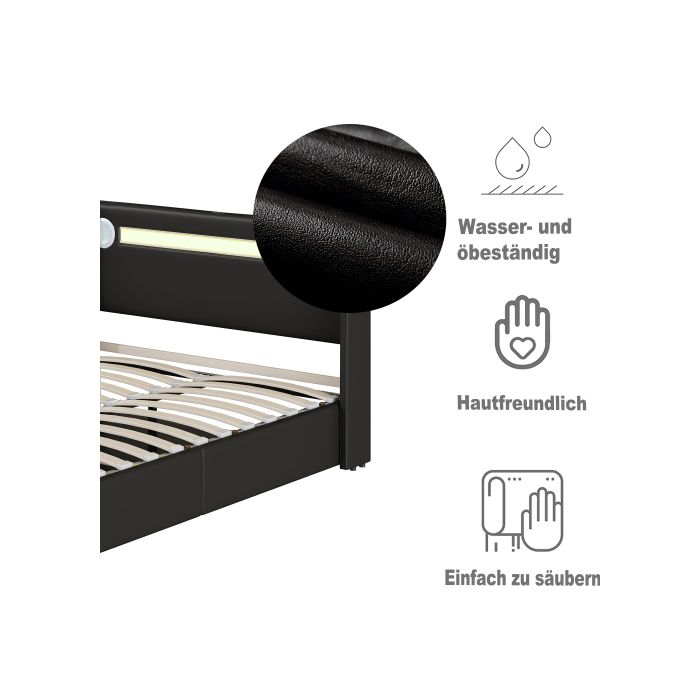 Кровать 140x200 - MUVOE - Кровать с LED - Bluetooth - Хранение - Искусственная кожа