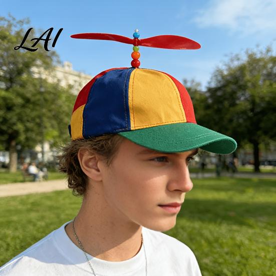Summer Hat Baseball for Women Wide Eaves Sun Hat Adjustable Buckle Strap Foldable Colorful Brim with Bamboo Dragonfly Decor Rotatable Propeller