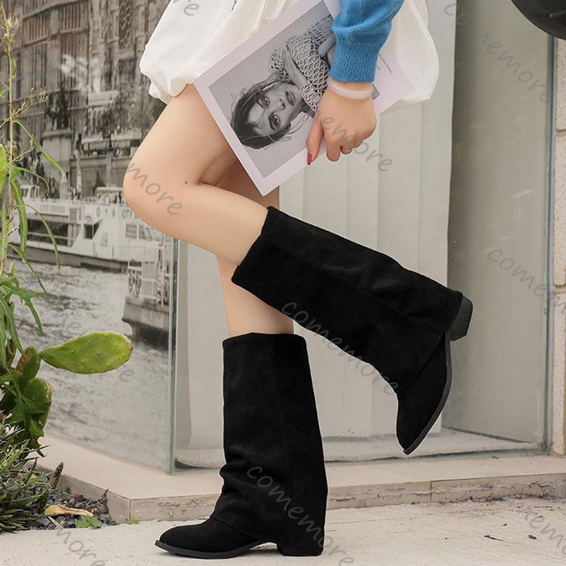 Fashion Comemore Women Fashion Mid-calf Boots Elegant Suede Solid Color Comfortable Shoes for Women Thick Heeled Female Knight Long Boot