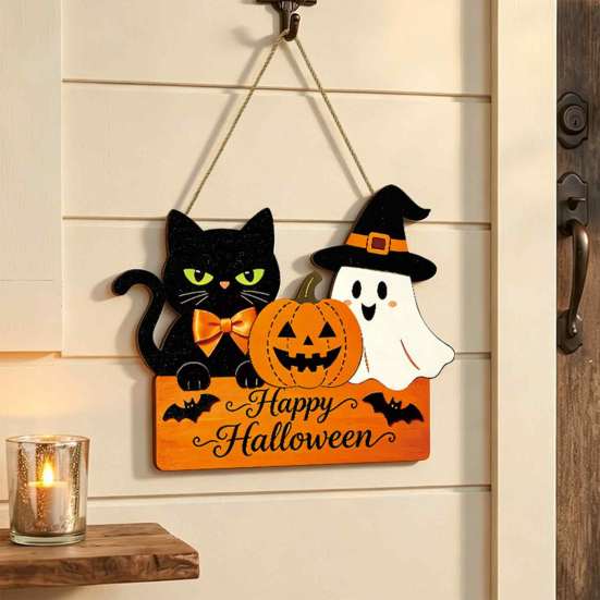 Halloween Wooden Door Sign with Hemp Rope Lanyard, Pumpkin Ghost Printed Hanging Solid Wood Festive Plaque, Front Wall Art for Porch Party Decorative