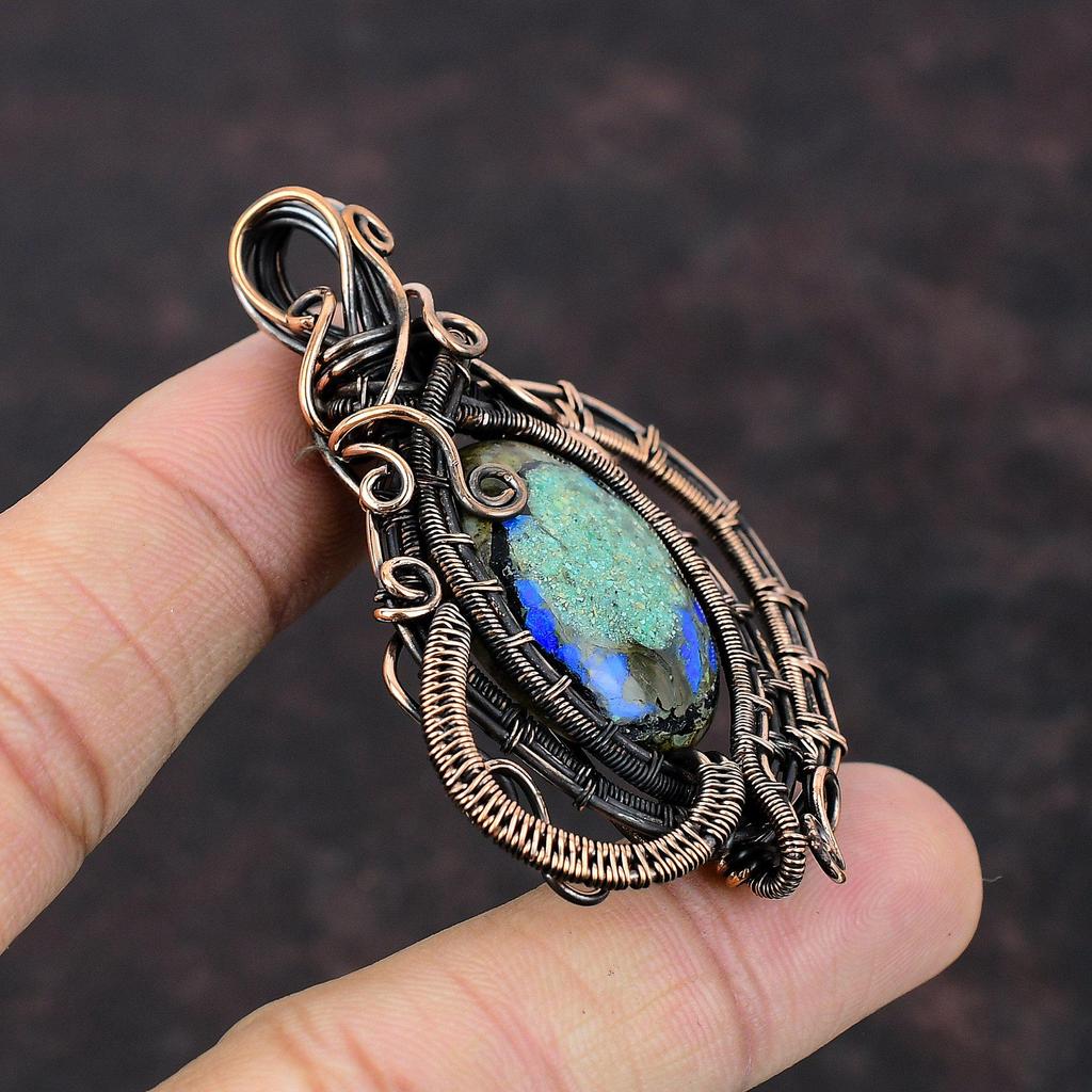 Подвеска из азурита и малахита, медная проволочная обертка, ювелирные изделия, красивая подвеска из драгоценных камней, медная подвеска, ювелирные изделия ручной работы, проволочная обертка, кулон для подарка