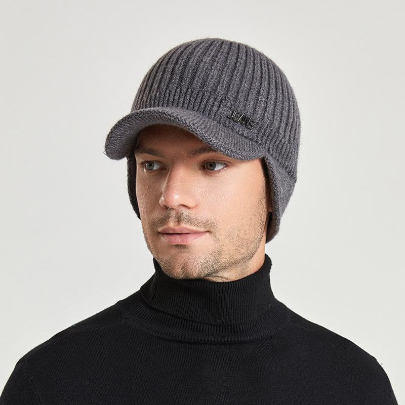 Зимняя вязаная шерстяная кепка, мужская бейсболка, уличная теплая шапка с защитой ушей, козырек, мужская утолщенная шапка с наушниками