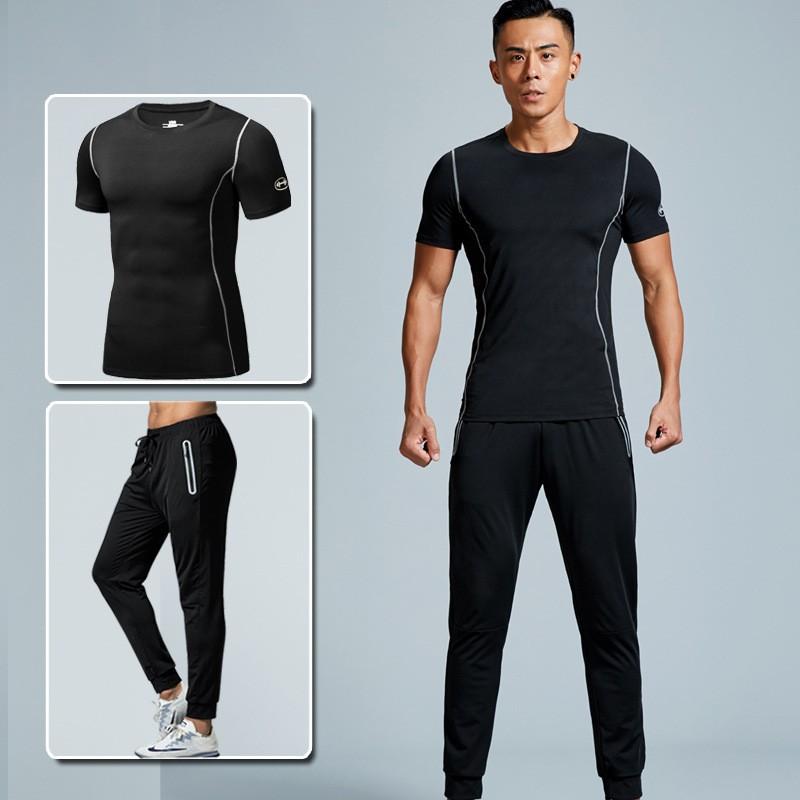 Mens Quick-Dry Athletic Workout Set Short Sleeve Compression Top Long Pants Gym Running Training