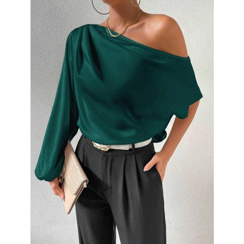 Женская рубашка с косыми плечами и длинными рукавами, однотонная, сексуальная, с открытыми плечами, свободная, темпераментная, атласные блузки и рубашки