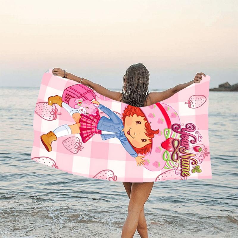 1pc Princess Strawberry Beach Towel with Custom Name, Beach and Seaside Swimming Pool Equipment, Fashion Pattern, Rectangular, Travel Essential