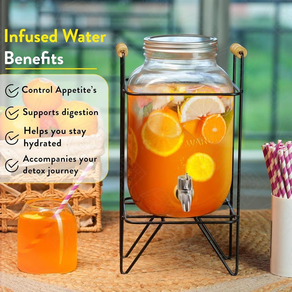 Стеклянный диспенсер для воды на 4 литра с подставкой - Герметичная крышка Стеклянный кувшин для детокс-воды - Настольный диспенсер для сока, воды с фруктами, пива