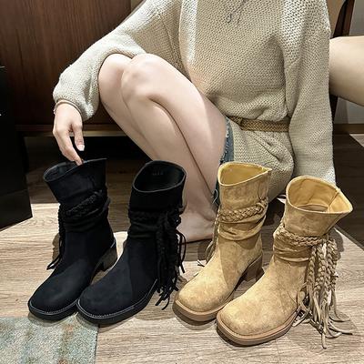 Ретро пустошь бахрома рыцарские ботинки осенний дизайн толстый каблук до колена ботинки Мартин универсальная мода полусапоги