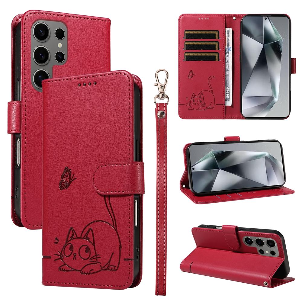 Magnetic Leather Wallet Flip Case for Samsung Galaxy S25 S24 S23 S22 S21 S20 Plus Ultra FE | Cat & Butterfly Embossed Design