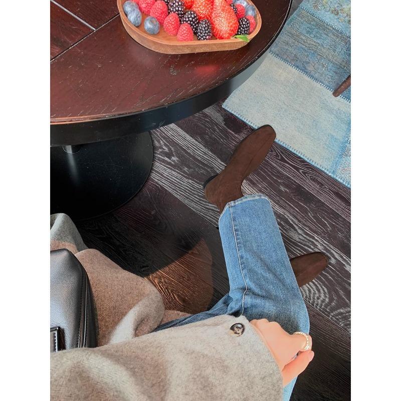 ~ Retro Square Head Suede Versatile Thick Heel Heightened Thin Short Boots Women's Autumn and Winter Large Size 42