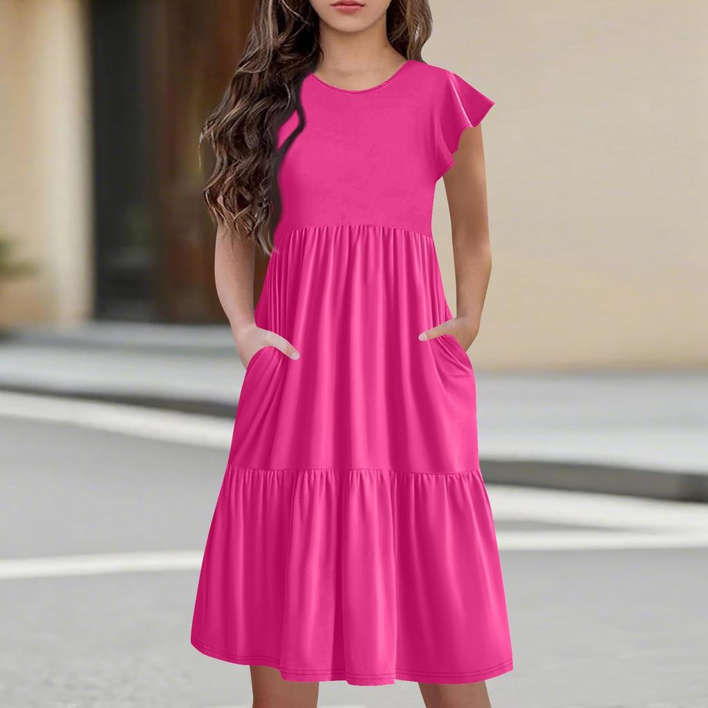 Детская юбка с круглым вырезом, плиссированная, с коротким рукавом, юбка принцессы, модное повседневное платье с карманами для девочек