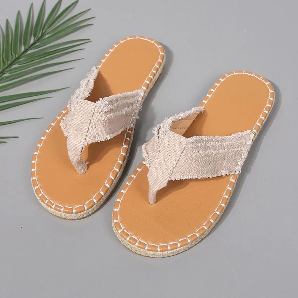 Мода 2024 года, женские модные тапочки, удобные пляжные шлепанцы, летние новые повседневные туфли на плоской подошве с мягкой подошвой, сплошные плюшевые кромки, парусиновые женские шлепанцы