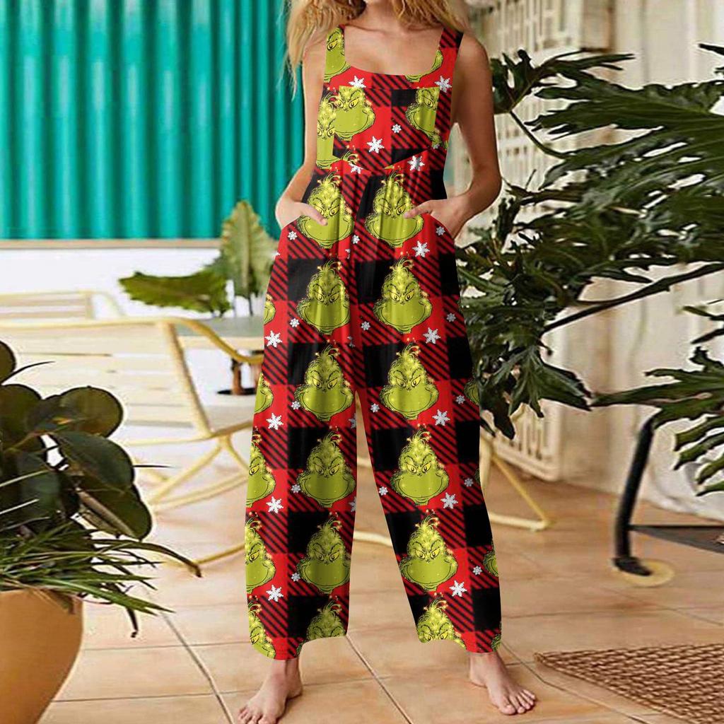 Women's Casual Loose Jumpsuit Christmas Print Wide Leg Jumpsuit Sleeveless With Pockets