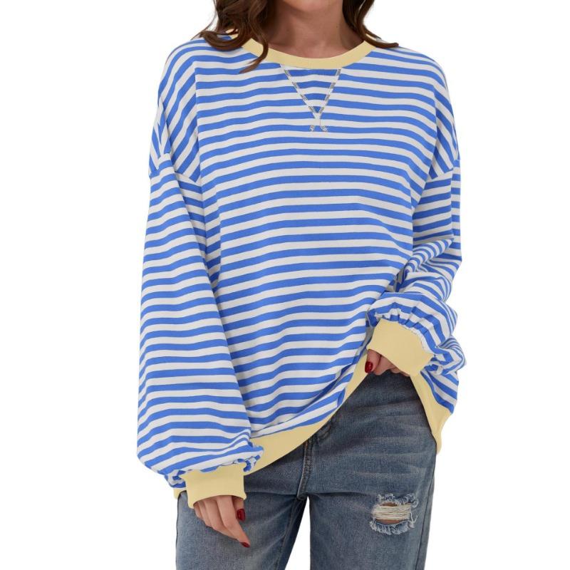 Simple Home Leisure New, Striped Pattern Round Neck Trend Long Sleeve, Pullover Color T-shirt