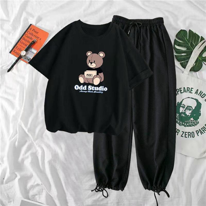 Модный повседневный спортивный костюм с коротким рукавом «Маленький медвежонок», женские повседневные широкие брюки, летний свободный спортивный костюм из двух частей