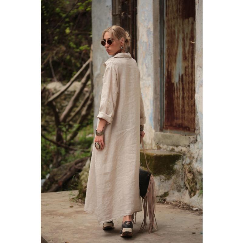 Plus Size Spring and Autumn Women's Dress Solid Colour Standing Collar Long Sleeve Temperament Elegant Simple Loose Fashion Long Cotton Linen Dresses