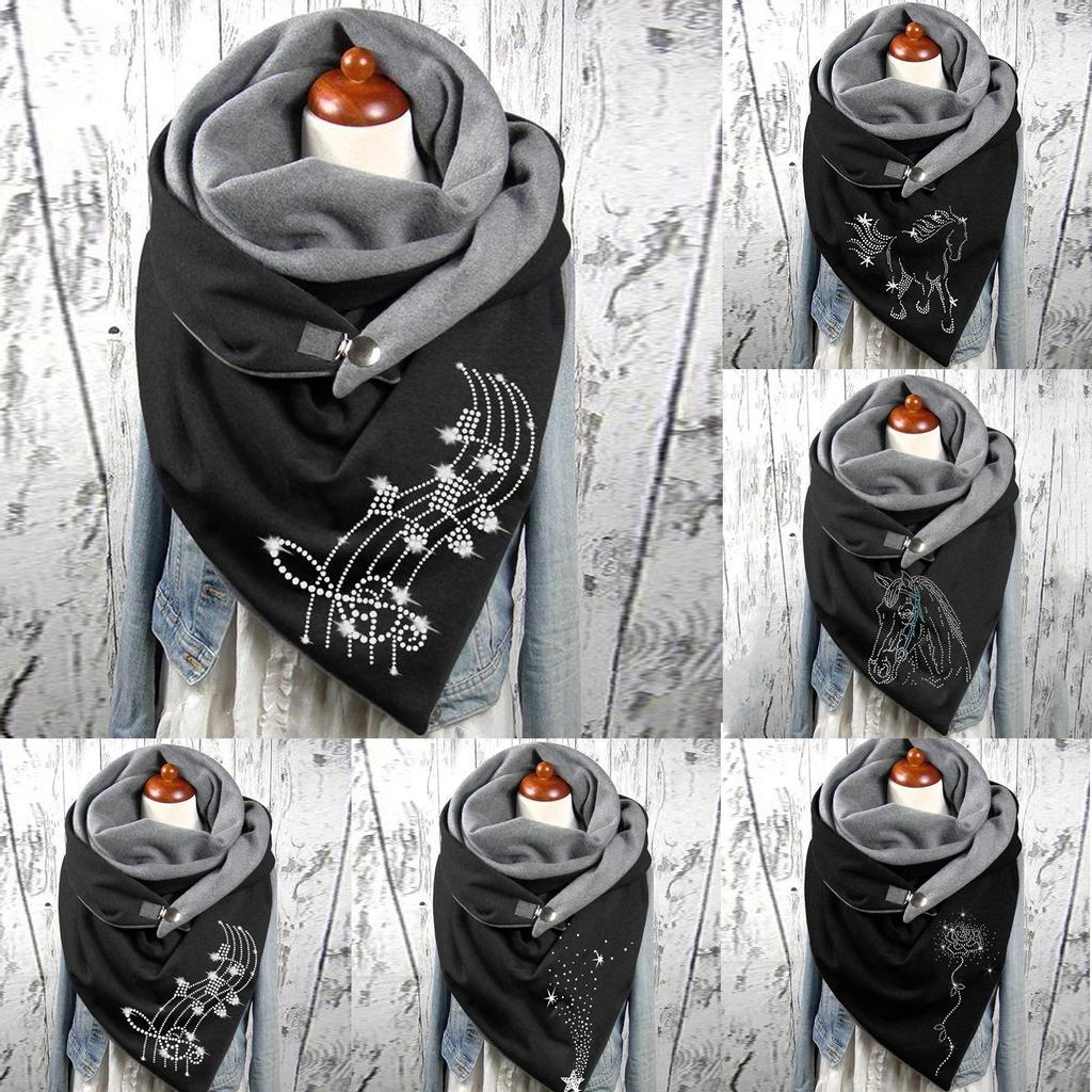 Women Cotton Print Horse Note Rose Star Warm Button Turban Scarf