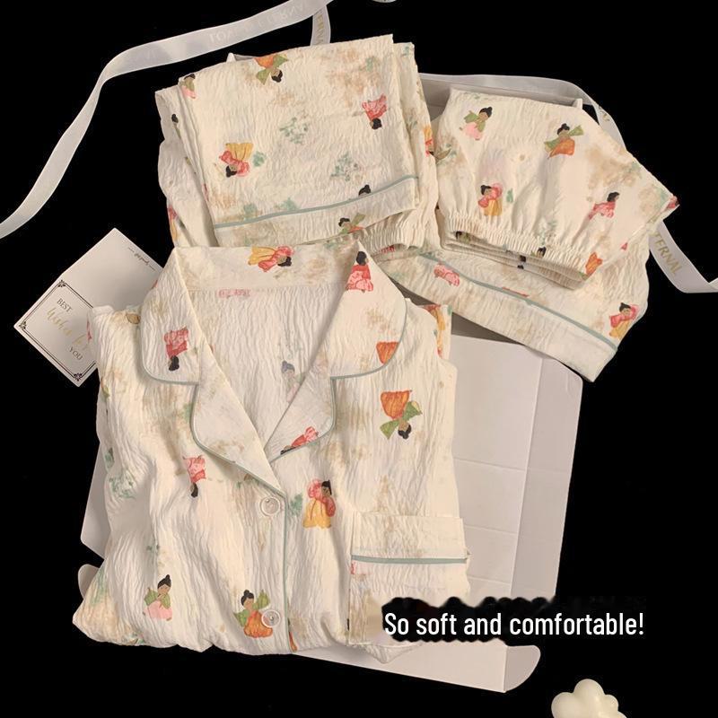 Летняя хлопковая пижама в клетку с цветочным принтом: Женский комплект из трех предметов с коротким рукавом в японском стиле - милая домашняя одежда в стиле интернет-знаменитостей.